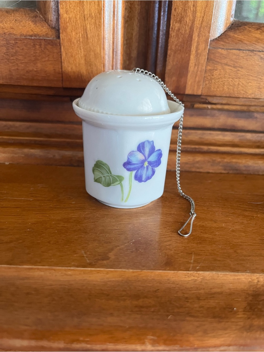 Vintage Porcelain Tea Infuser with Purple Floral Motif- Excellent Condition